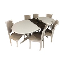set masa ovala alba cu 6 scaune tapitate cu crem 155cm restransa 235 cm extinsa 95 cm latime 75 inaltime imagen 28_0_
0