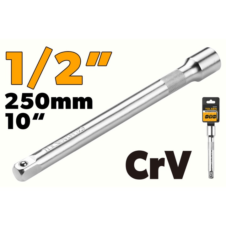 Bara de extensie 1/2" x 250 mm, Cr-V 50BV30, TOLSEN, finisaj crom mat, Industrial, pentru clichet si tubulare