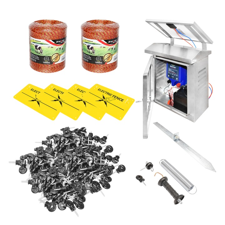 Kit complet gard electric 12V 2J, panou solar 10W 2000M, 200 izolatori, kit poarta si placute avertizare Breckner Germany