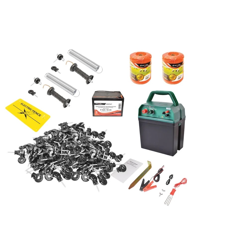 Kit complet gard electric 9-12V 0,21 Joule, 55 Ah, 1000m, 200 izolatori, kit poarta, placuta avertizare, baterie Breckner Germany