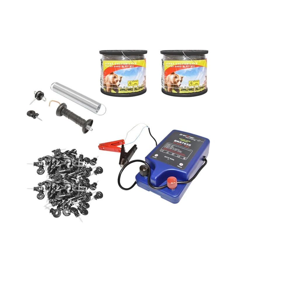 Kit complet gard electric 12V, 1 Joule, 1000m, 100 izolatori si kit poarta Breckner Germany