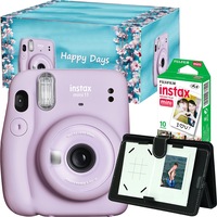 Set Camera foto instant Fujifilm Instax mini 11, Lila cu hartie 1x10, rama foto si cutie Happy Days