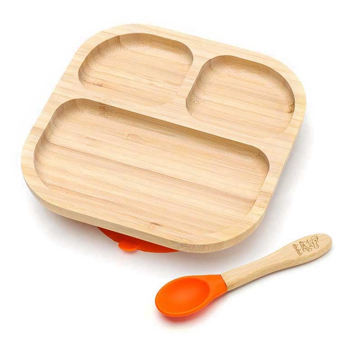 Dodoli bambusz lemez csúszásgátló tapadókoronggal és teáskanállal, 17x17 cm, narancs