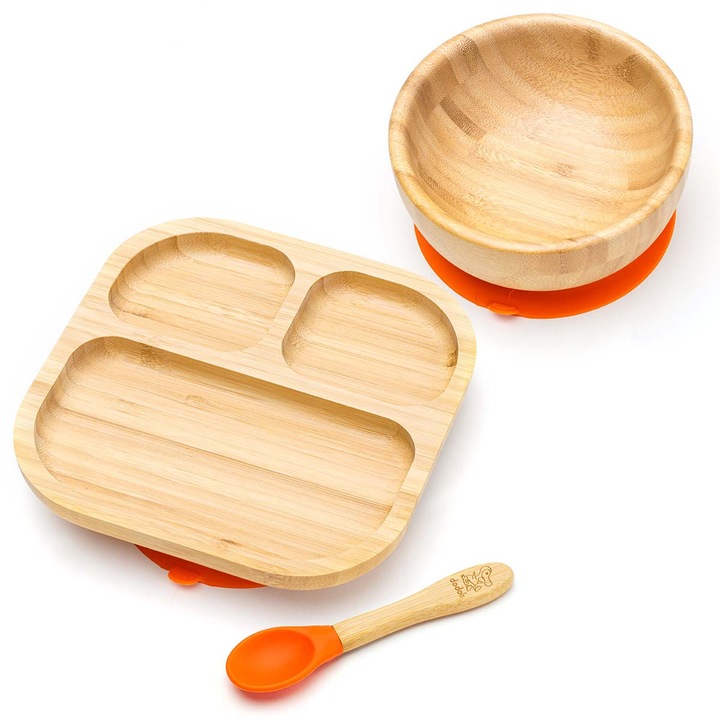 Set diversificare Dodoli din bambus eco pentru bebelusi cu farfurie, castron, lingurita, Portocaliu