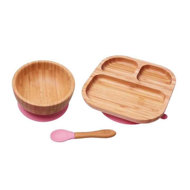 Dodoli diverzifikációs készlet, bambusz tállal, tányérral és teáskanállal, kerek és négyzet alakú, rózsaszín / fa