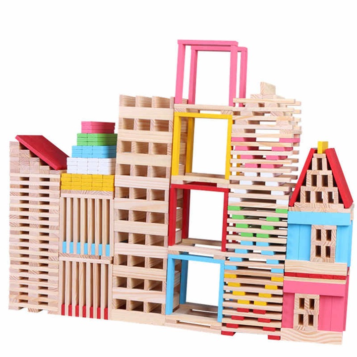 Set Cuburi de Constructii creative din Lemn Ecologic, 150 piese, Jucarie AKU pentru copii AK8087