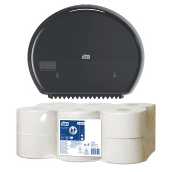 Pachet 12xHartie igienica Tork Mini JumboAdvanced, T2, 120280, 2 straturi, culoare alb si Dozator hartie igienica Tork mini, T2, 555008, culoare negru Pachet 12xHartie igienica Tork Mini JumboAdvanced, T2, 120280, 2 straturi, culoare alb si Dozator hartie igienica Tork mini, T2, 555008, culoare negru