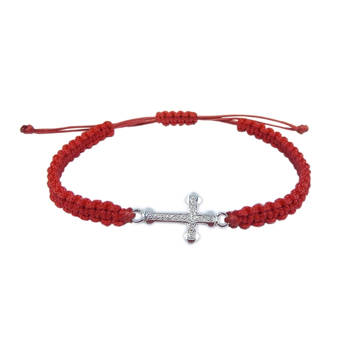 Гривна Dras, черна връв със сребрист кръст Ръчно плетена, 4183115