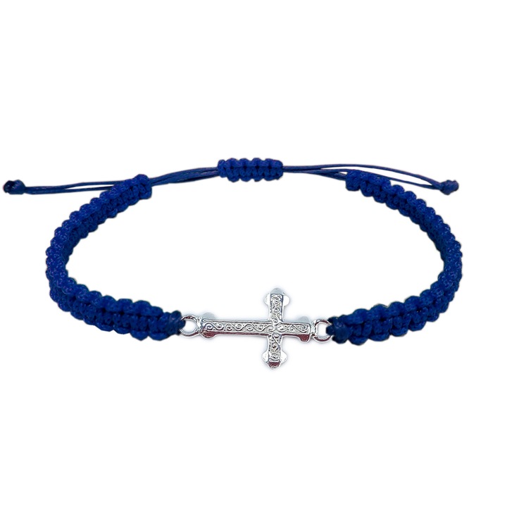 Bratara din snur impletita manual cu cruciulita din argint reglabila 4183115 Dras, Albastru, 27 CM