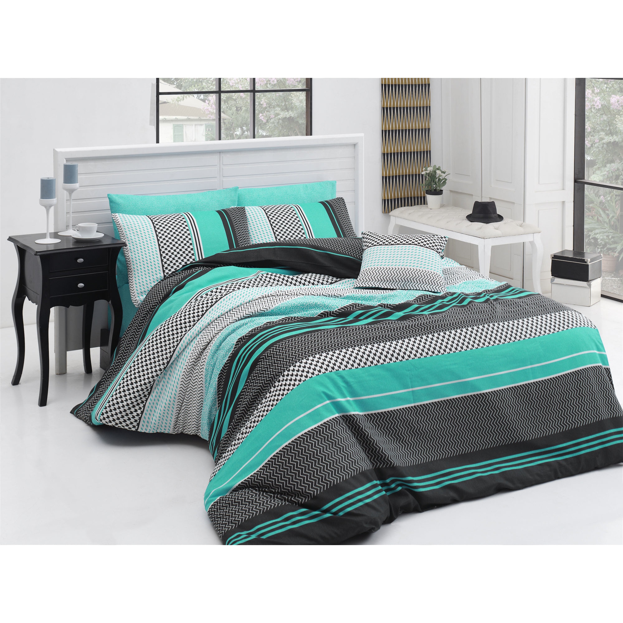 Lenjerie de pat pentru 2 persoane, 100% bumbac ranforce, 4 piese, Nazenin Home , 240 x 260 -200 x 220 - 50 x 70 , Zgo - Turquoise