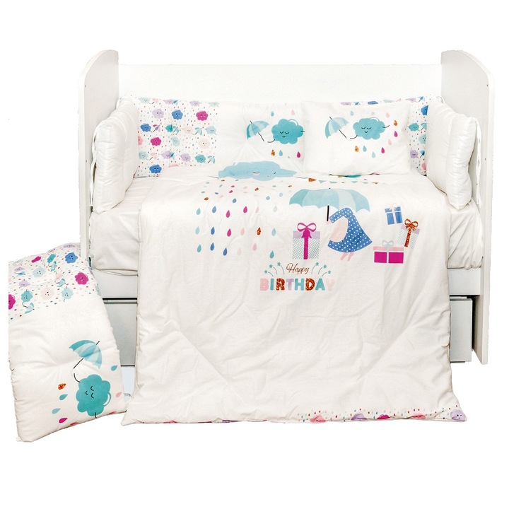 Lenjerie cu 8 piese 60x120 cm , Bumbac 100% Happy Birthday - Alb/Multicolor