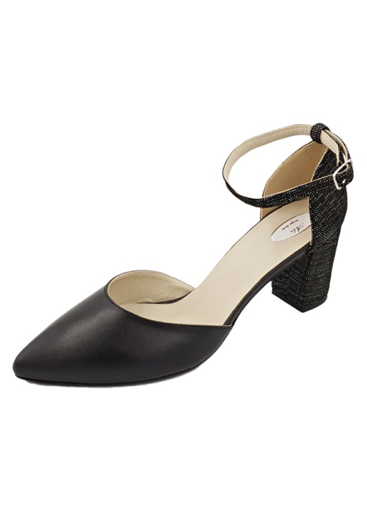 Sandale dama, SandAli, piele naturala, toc gros, imbracat, Negru/Maro