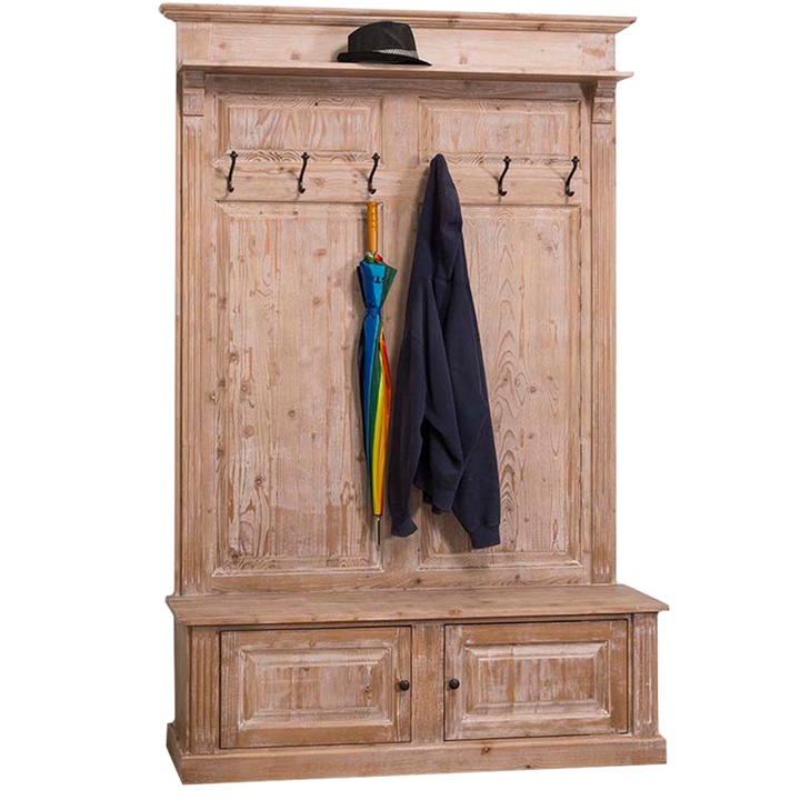 Cuier mare cu 2 usi, culoare maro, periat adanc, 100% lemn masiv, 210x140x41 cm