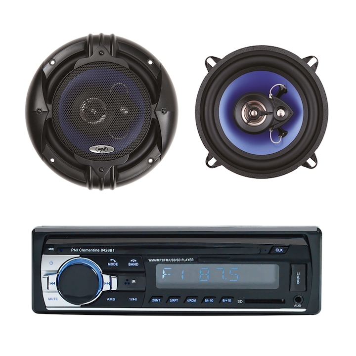 PNI Clementine 8428BT autós rádió csomag MP3 lejátszóval, 4x45w + koaxiális autós hangszórók PNI HiFi500, 100W, 12.7 cm