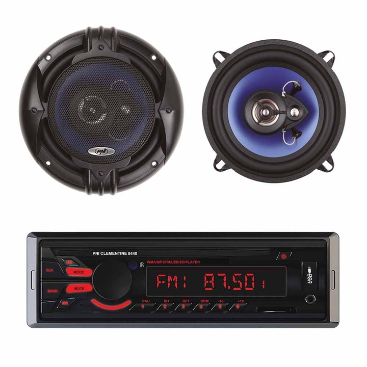 Комплект: MP3 плеър за кола PNI Clementine 8440 4x45W USB SD AUX 12V, С комплект 2 коаксиални високоговорителя PNI HiFi500, 100W, 12.7 см