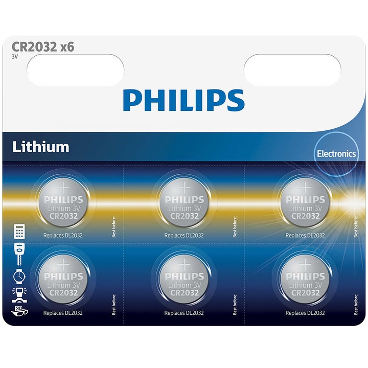 Baterii Philips CR2032 Lithium 3.0V, 6 buc