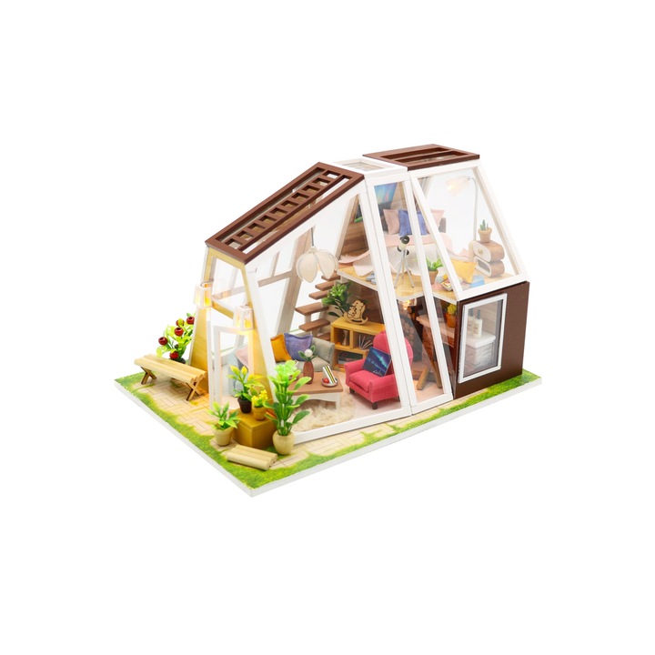 Casa de construit,artizanala din lemn DIY, Scala 1/24, cu leduri ,iarba, 2 bancute, Doty