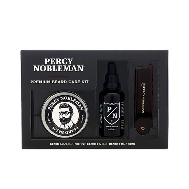 Premium Beard Care Set, Percy Nobleman Premium Beard Care, с първокласно масло за брада 50 мл, балсам за брада 65 мл, гребен за брада и мустаци