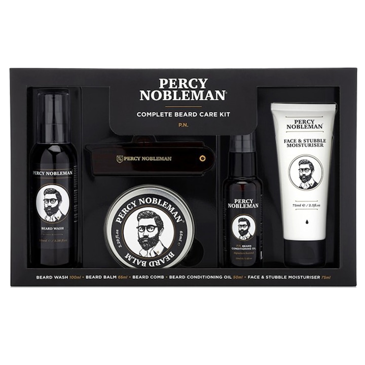 Пълен комплект за грижа за брада Percy Nobleman Complete Beard Care Kit, с овлажняващо масло за брада 50 мл, шампоан за брада 100 мл, балсам за брада 65 мл, крем за лице и брада 75 мл, гребен за брада и мустаци