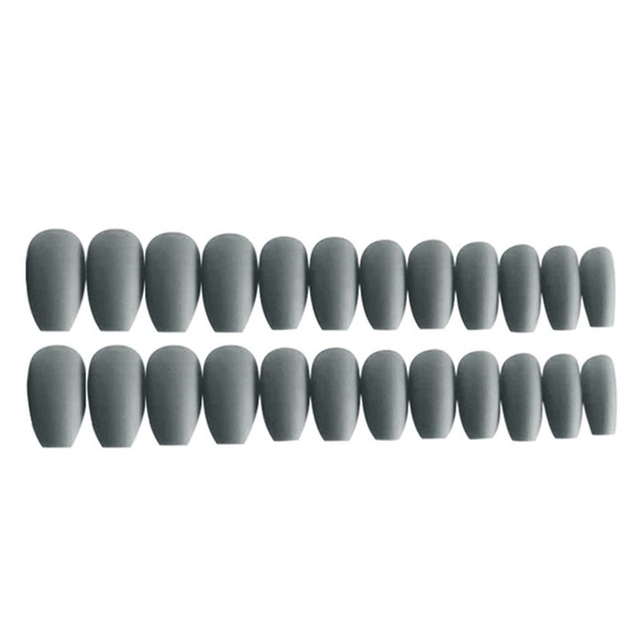 Set 24 unghii false autoadezive tip press ON, tipsuri balerina, fara adeziv, model mat Gri
