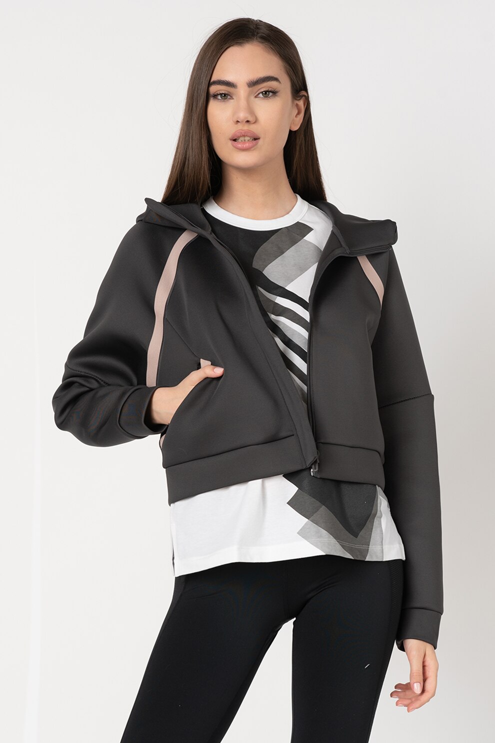 Under Armour, Hanorac crop din neopren Misty Spacer, Gri inchis, XL