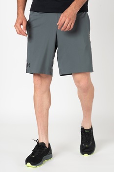 Under Armour, Pantaloni scurti elastici cu benzi logo laterale, pentru fitness MK1 Wordmark, Gri inchis/Oranj neon Under Armour, Pantaloni scurti elastici cu benzi logo laterale, pentru fitness MK1 Wordmark, Gri inchis/Oranj neon