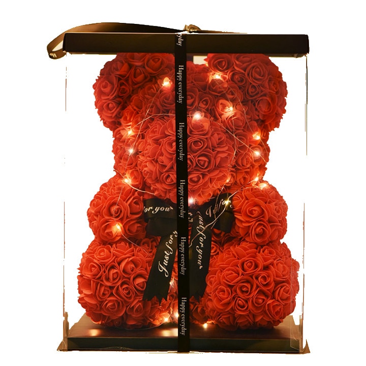 Rózsa maci díszdobozban LED világítással, örök virág maci - piros 40 cm