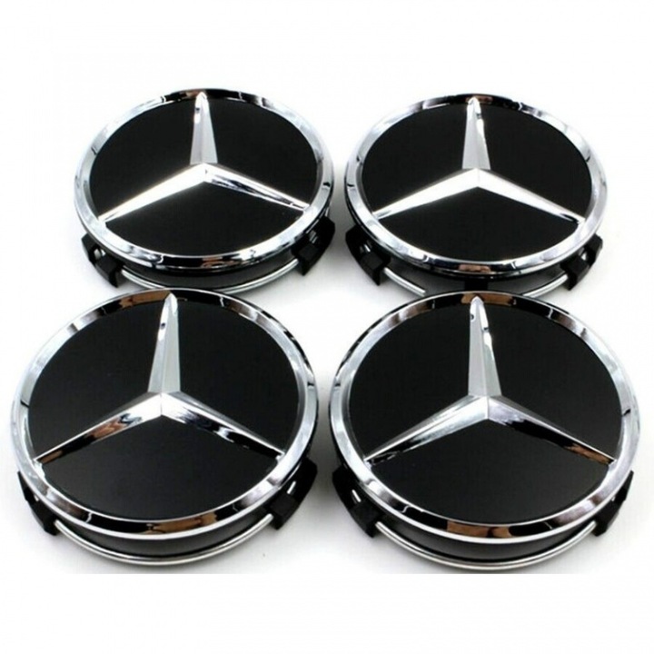 Set 4 capacele roti 75mm negre, model STAR, pentru jante aliaj Mercedes-Benz