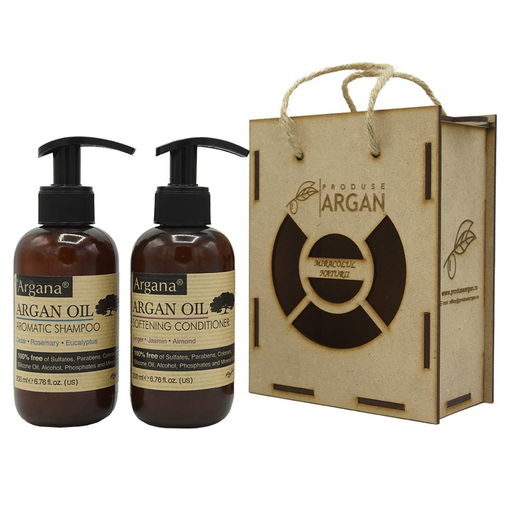 Подаръчен рустик комплект Argan, Дървена кутия, Шампоан Argana 200 мл + Балсам за коса Argana 200 мл