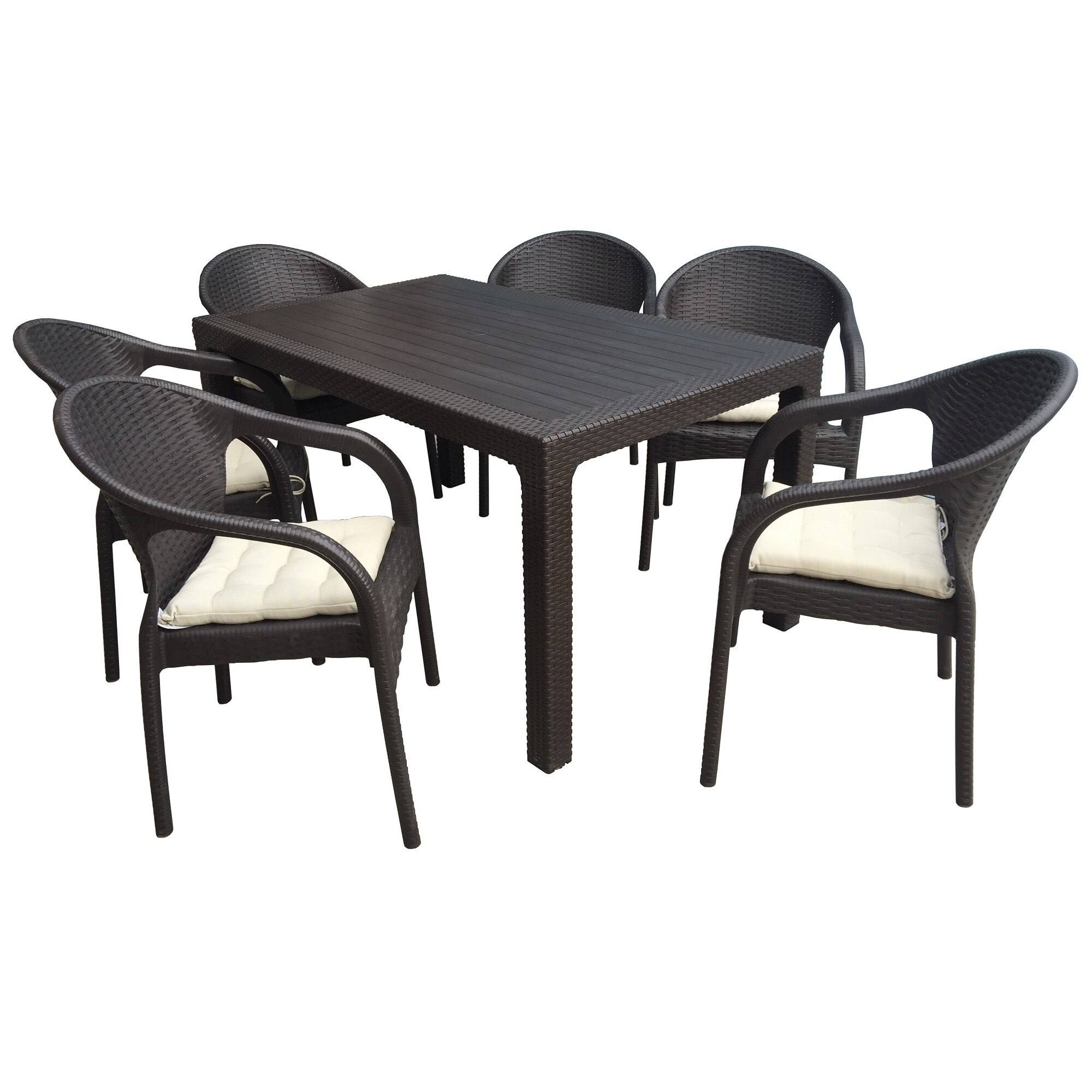 Set mobiler gradina TABUIA masa 90x150xh72cm cu 6 scaune fotolii polipropilena tratata cu aditivi UV, 6 perne scaun