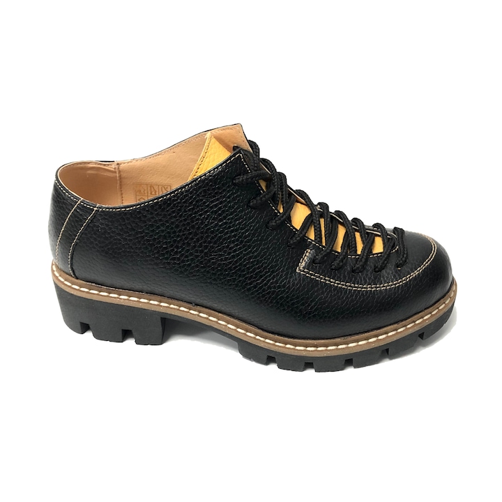 Pantofi dama cu siret si talpa groasa Louisa, Piele Naturala, Mateo Shoes, Negru