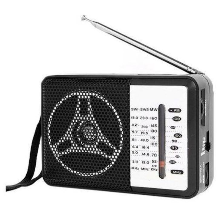 Rotosonic hordozható rádió, 4 sávos, hangerőszabályzó, hangszóró 65 mm, impedancia 4 ohm, teleszkópos antenna, akkumulátor és hálózati tápegység, szállító fogantyú, kis méret, fekete