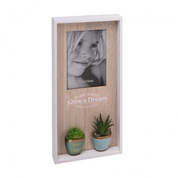Rama foto din lemn, vertical, 1 foto si 2 plante artificial, 40x20x4cm, Alb/Crem Rama foto din lemn, vertical, 1 foto si 2 plante artificial, 40x20x4cm, Alb/Crem