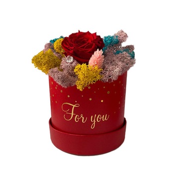 Trandafir criogenat rosu, in cutie rosie, pe pat multicolor de licheni stabilizati Trandafir criogenat rosu, in cutie rosie, pe pat multicolor de licheni stabilizati