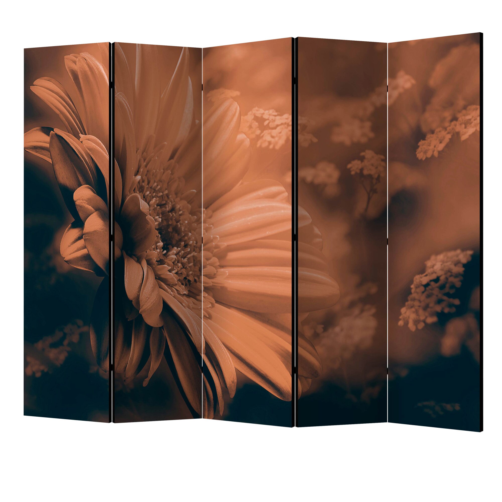Paravan din 5 parti - Gerbera in bronz II - 225 x 172 cm