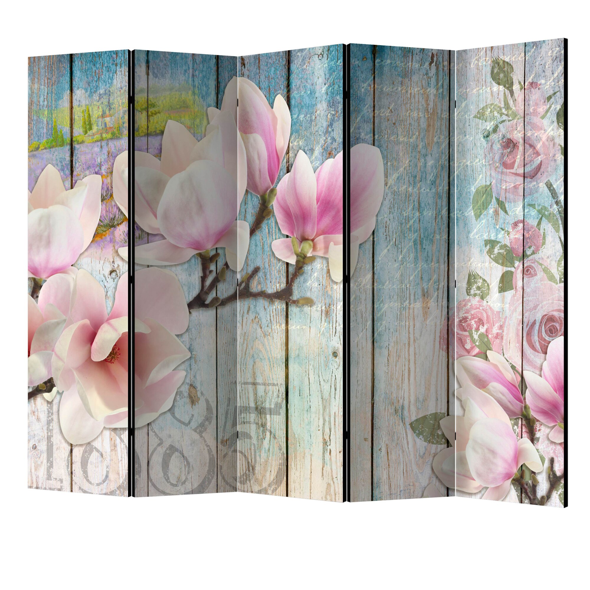 Paravan din 5 parti - Flori roz pe lemn II - 225 x 172 cm
