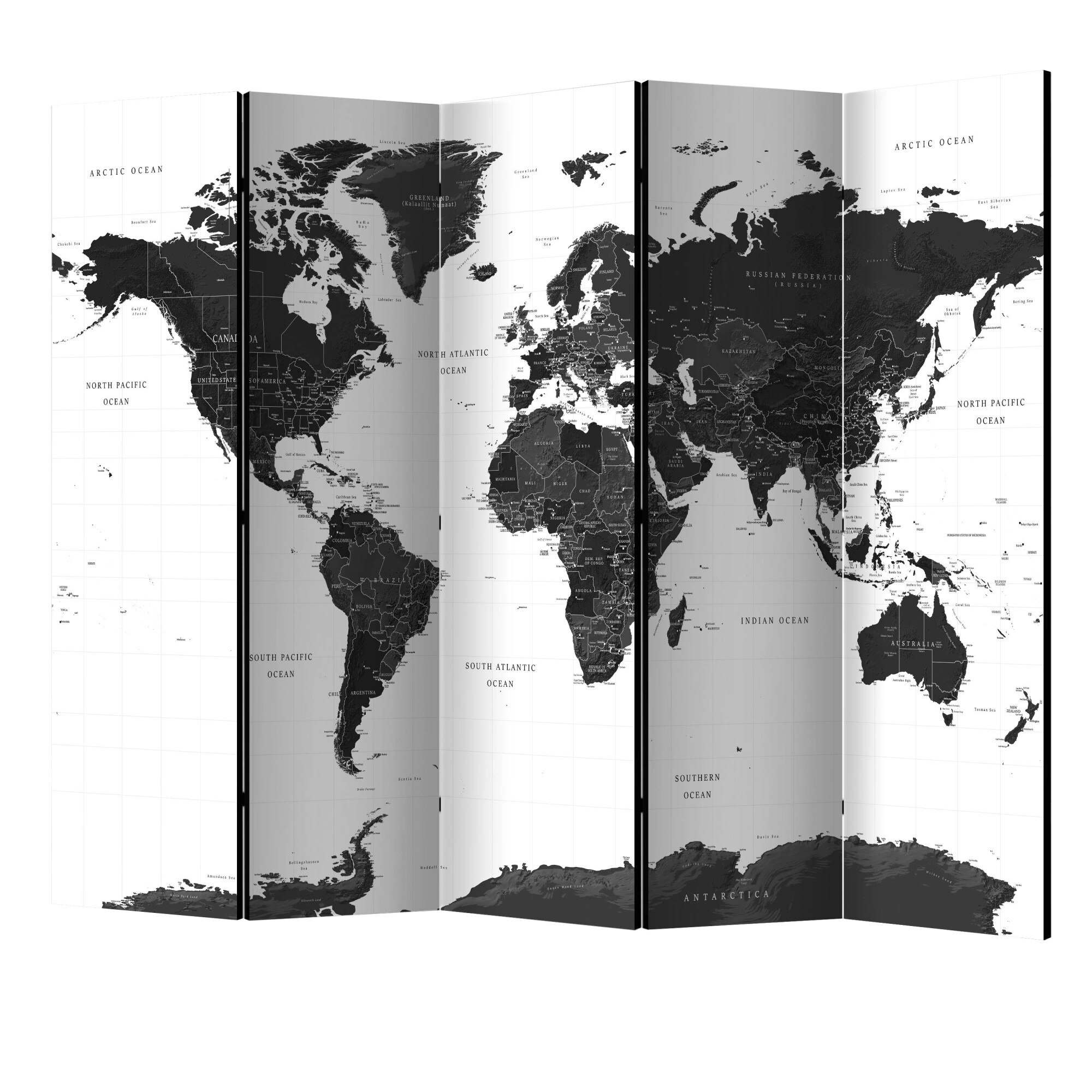 Paravan din 5 parti - Harta alb-negru II - 225 x 172 cm