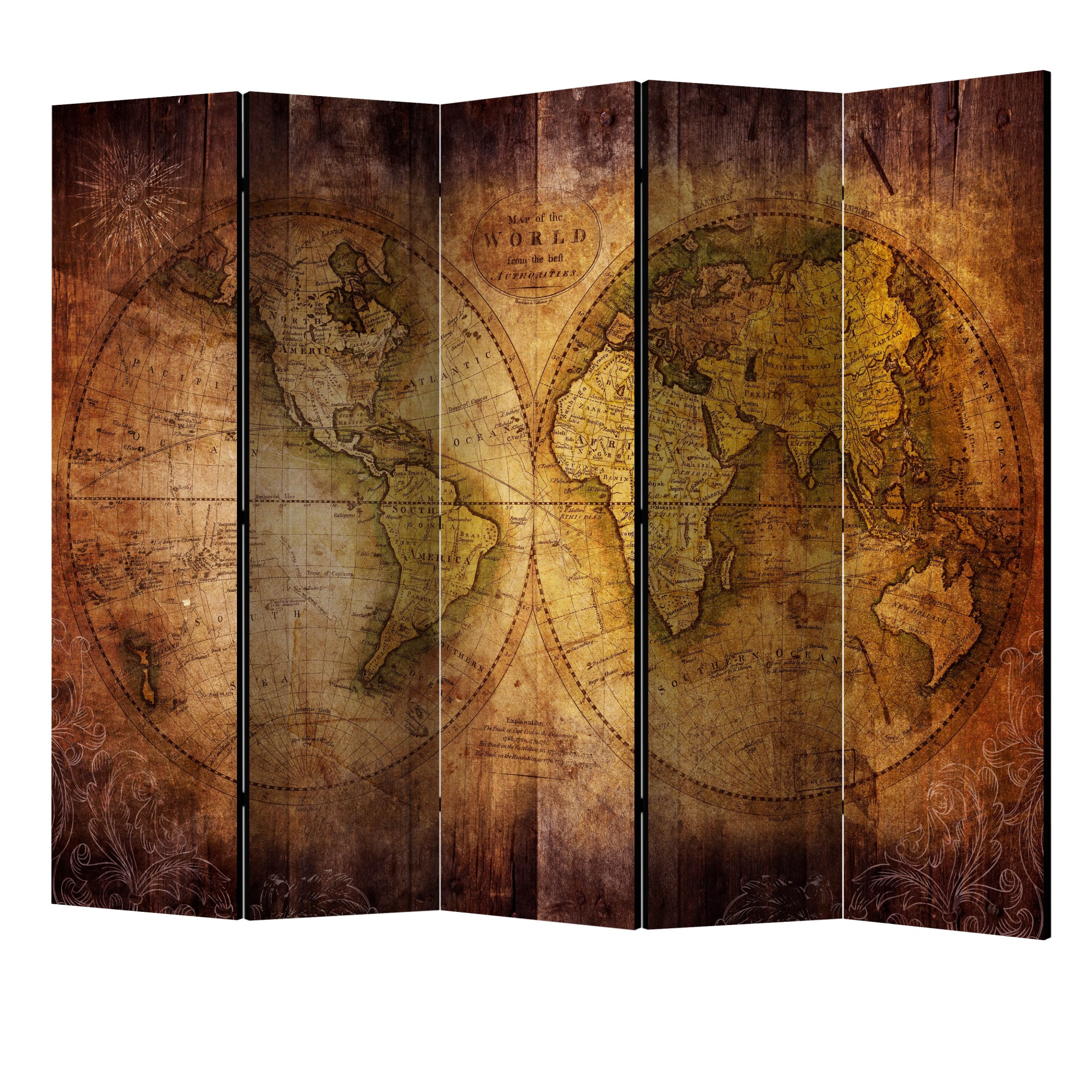 Paravan din 5 parti - Lumea pe harta veche II - 225 x 172 cm