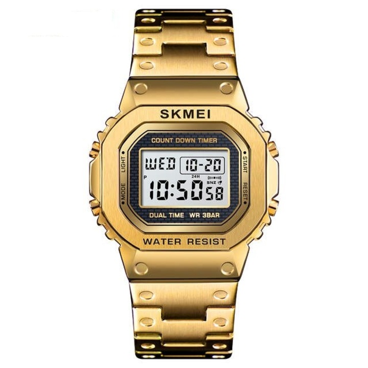 Мъжки часовник Skmei, цифров, ежедневен, аларма, хронометър, обратно броене, календар, подсветка, гривна от неръждаема стомана, спортен, златист