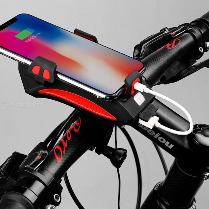 Carsons Kerékpár / robogó fényszóró, 2 db LED, telefontartó, 5 dal és USB 2000 mAh újratölthető akkumulátor, fekete és piros