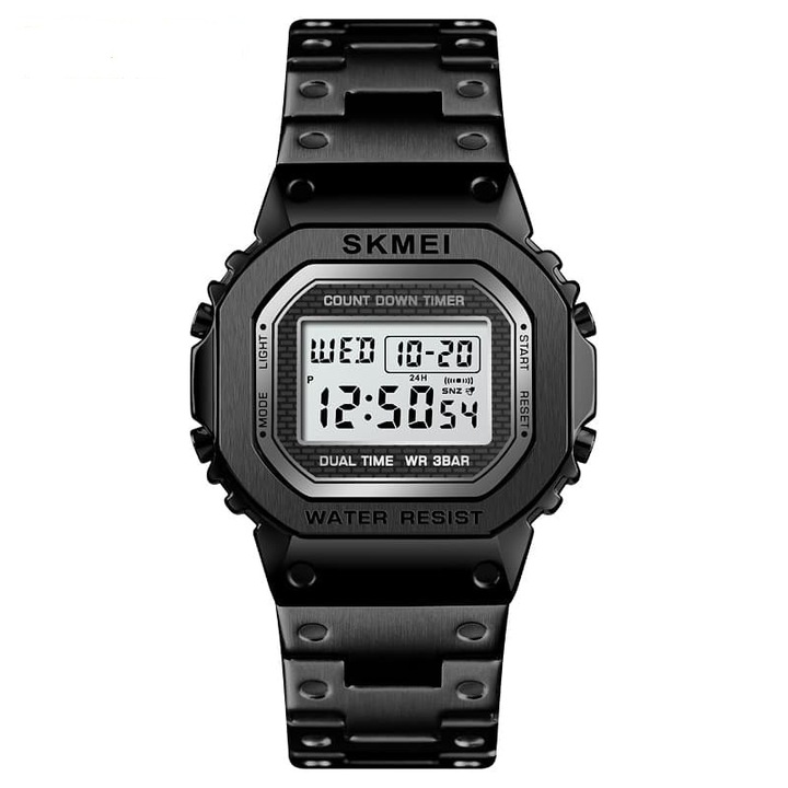 Мъжки часовник Skmei, цифров, аларма, хронометър, обратно броене, календар, подсветка, гривна от неръждаема стомана, спортен, ежедневен, черен