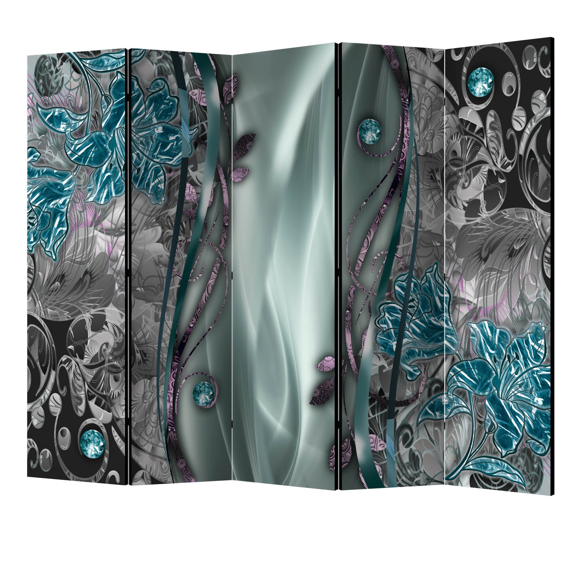 Paravan din 5 parti - Perdele florale turcoaz II - 225 x 172 cm