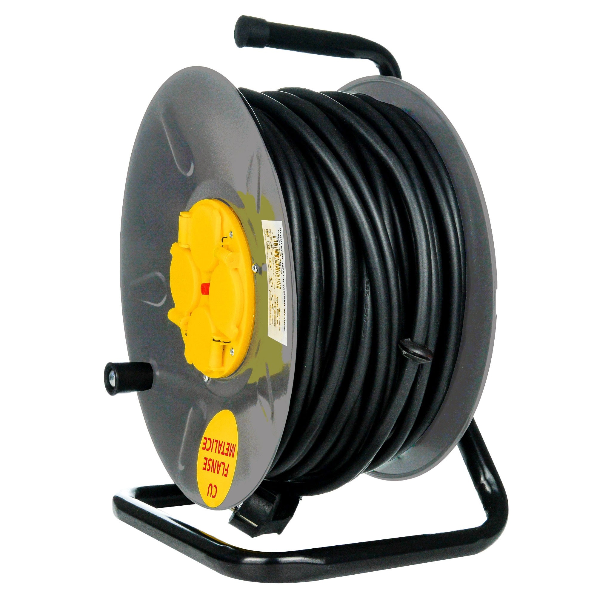 Derulator prelungitor cablu electric cu flanse metalice, 50 m cu tambur,3 x 2.5 mmp, 4 prize cu protectie si contact de - eMAG.ro