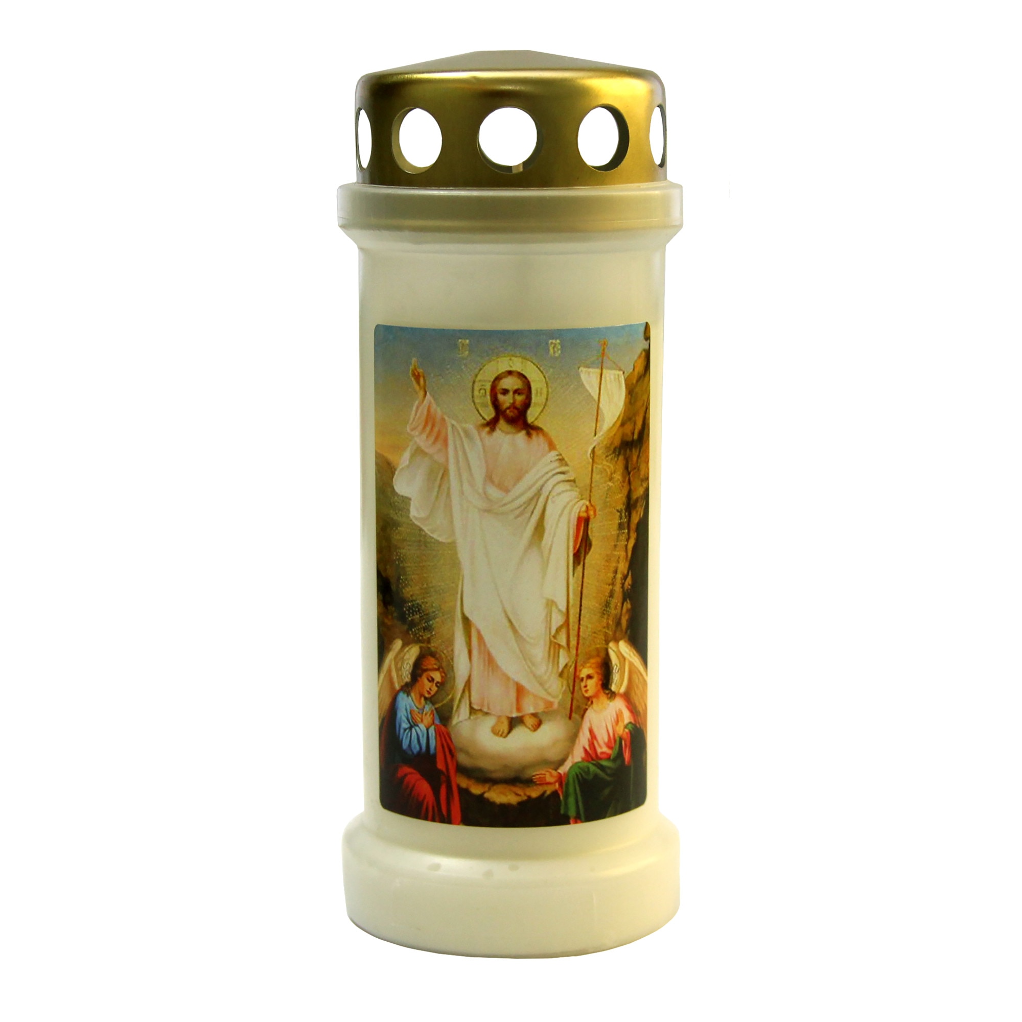 Candela din plastic Bolsius Nr. 6 cu capac - Invierea Domnului - culoare alba