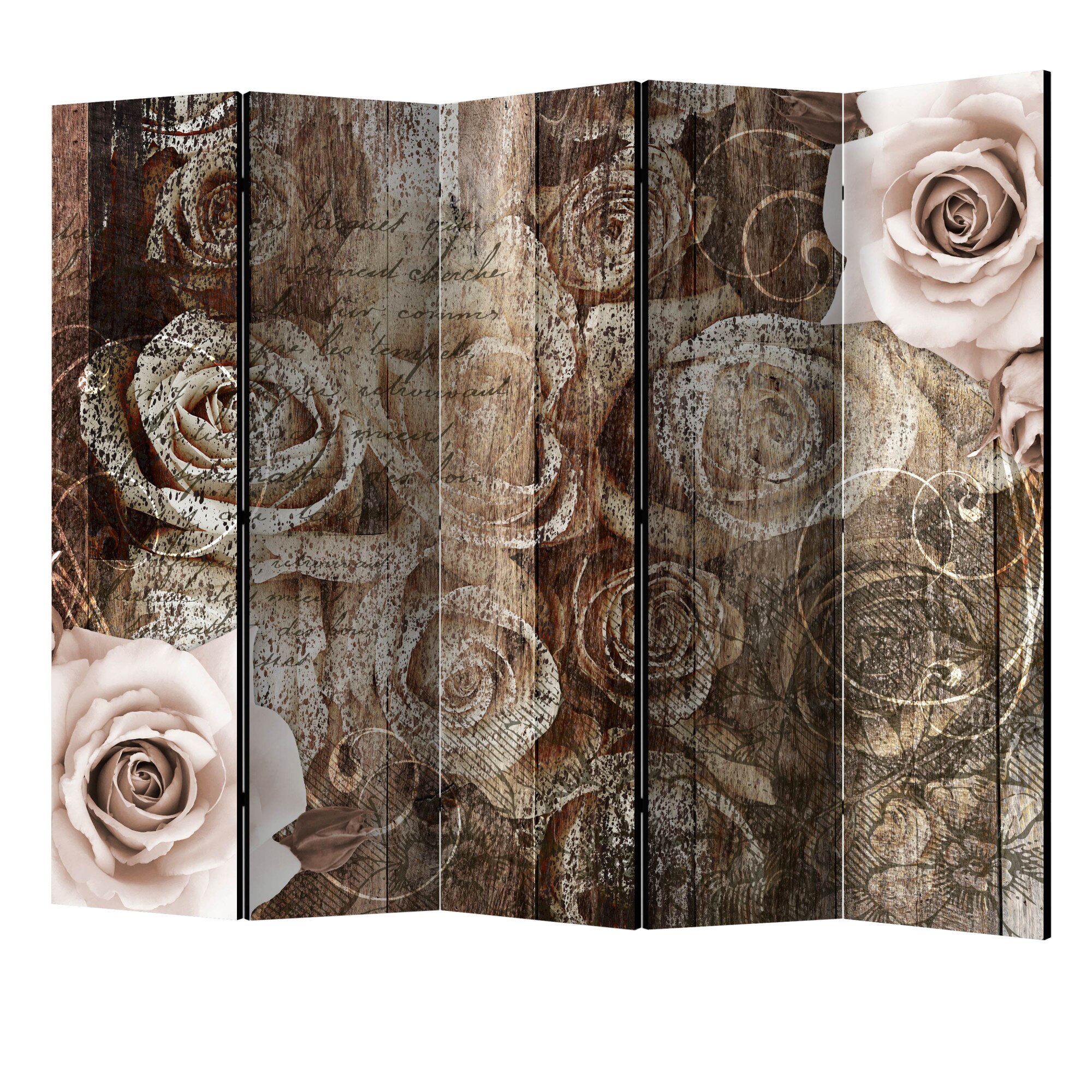 Paravan din 5 parti - Wood old si roses II - 225 x 172 cm