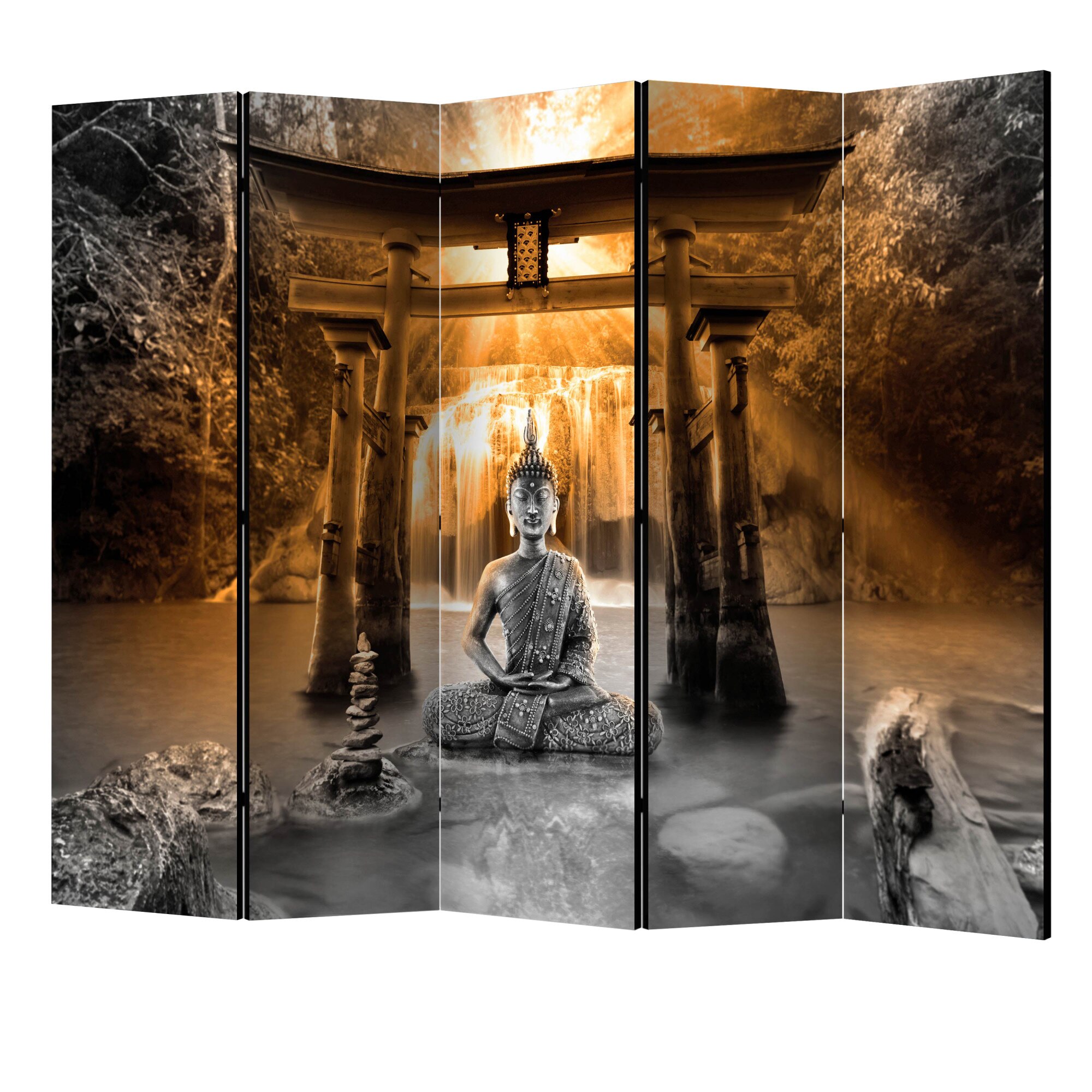 Paravan din 5 parti - Zambetul lui buddha portocaliu II - 225 x 172 cm