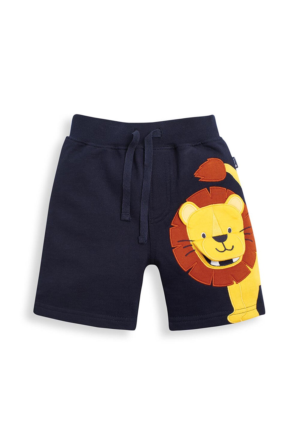 JoJo Maman Bebe, Pantaloni scurti din jerseu cu model cu leu si talie elastica, Bleumarin/galben/oranj stins, 92 CM