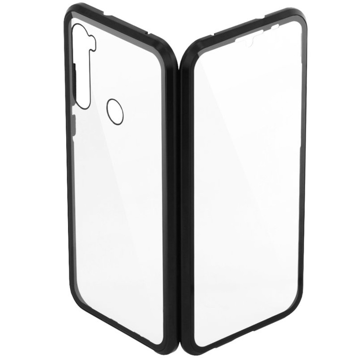 Carcasa magnetica pentru Samsung Note 8, rama metalica si spate din sticla securizata, Negru-Transparent