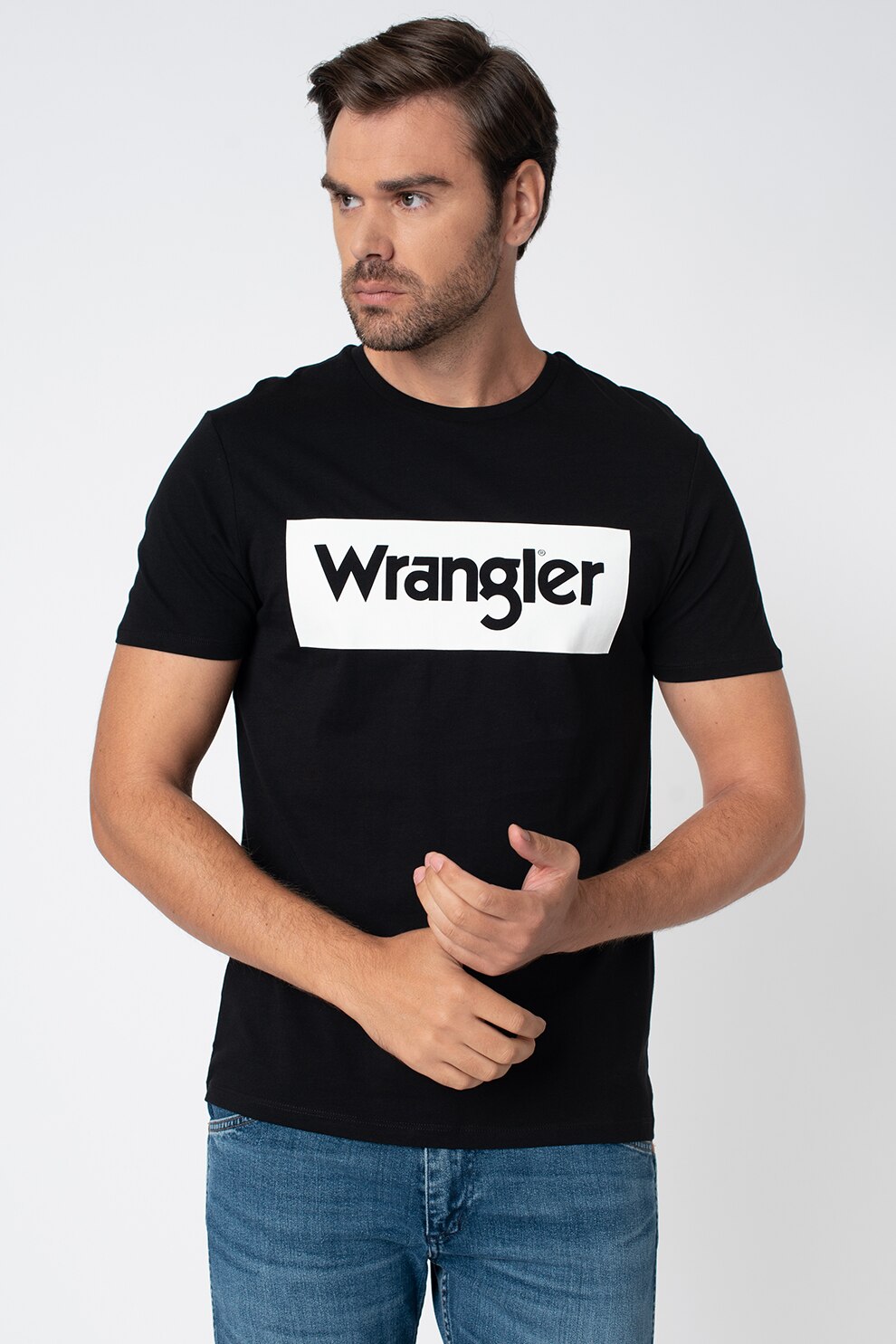 Wrangler, Tricou cu decolteu la baza gatului si logo, Negru/Alb optic