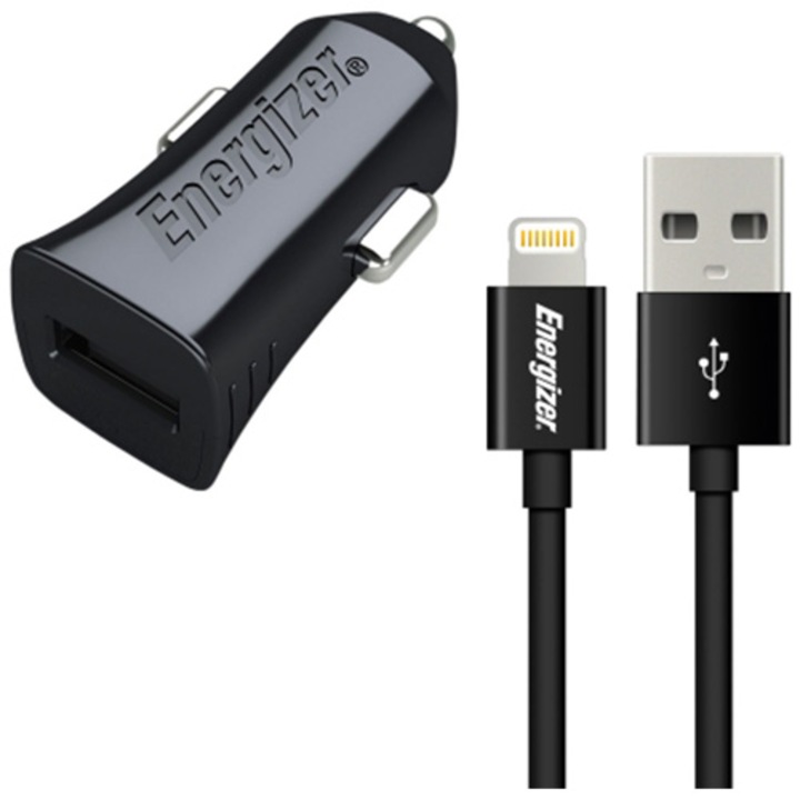 Зарядно устройство за автомобил Energizer, 1A, 1xUSB, Кабел Lightning, 1 м, Черен